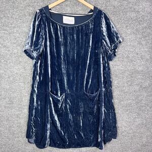 Anthropologie Floreat Crushed Velvet Shirt Dress Pockets Blue Large Petite